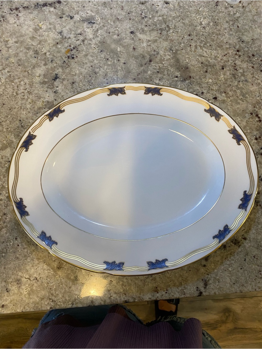 White Porcelain Serving Platter with Blue Leaf Motif and Gold Trim
